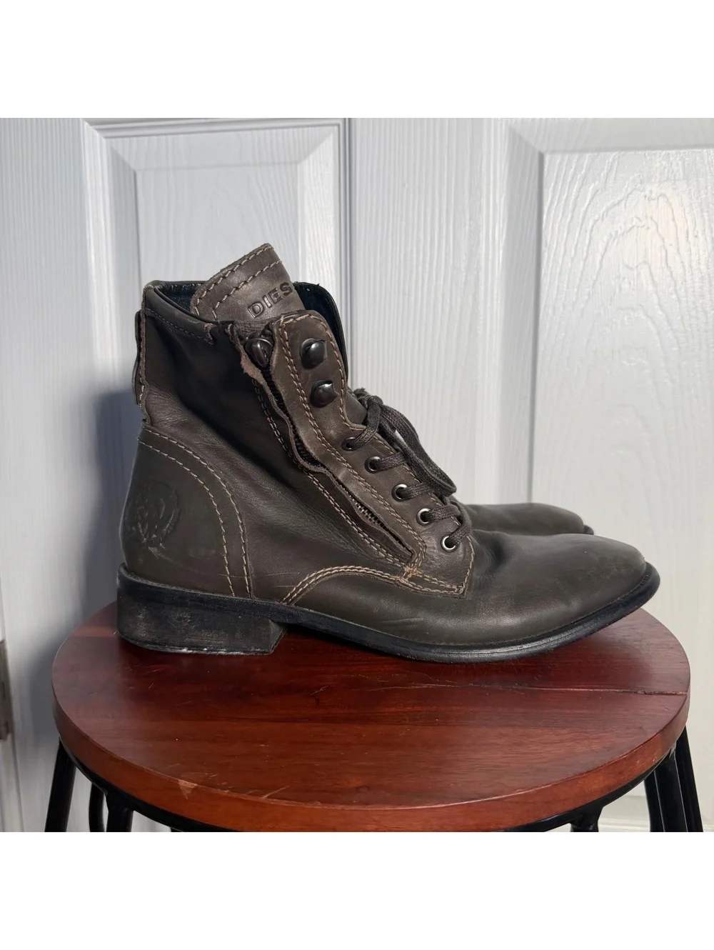 Men’s Genuine Leather Lace Up Side Zip Combat Biker Greenish Brown Ankle Boots